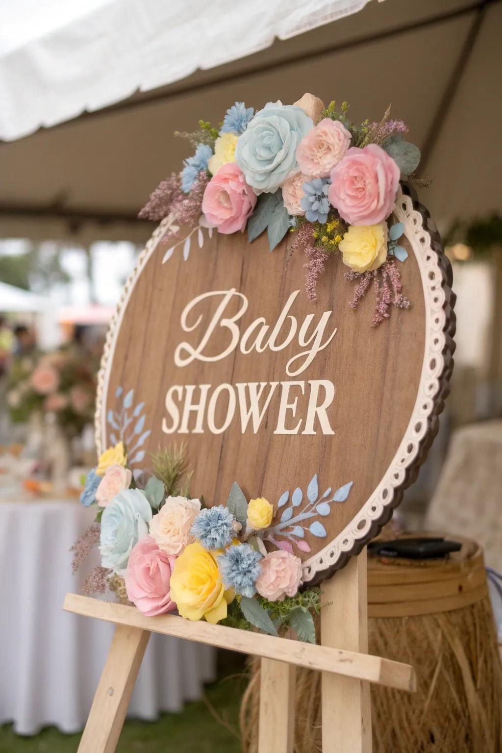 A bespoke name marker introduces a sincere element to your baby shower ornamentation.