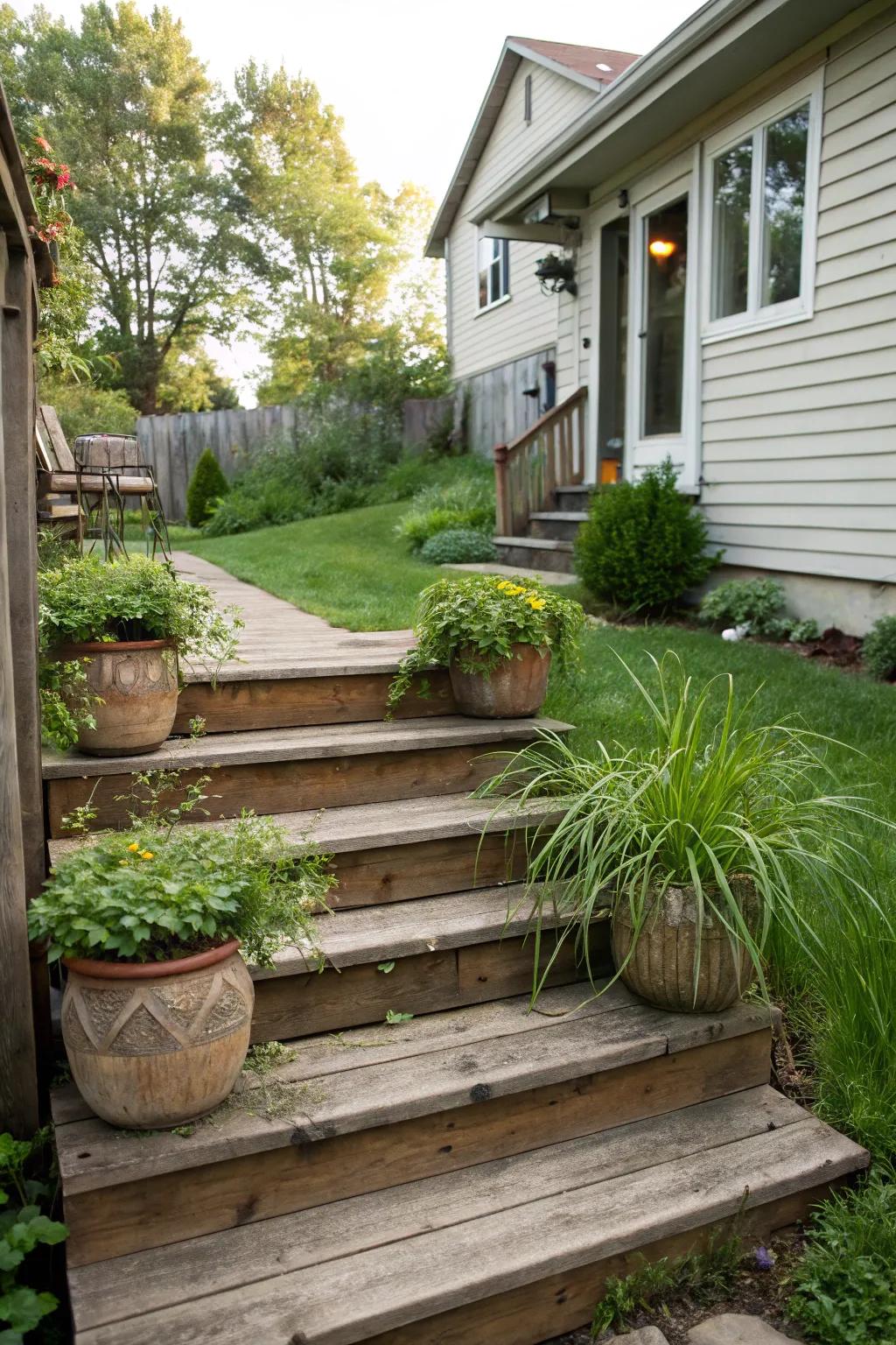 Expansive wooden steps provide a gracious transition from interior to exterior spaces.