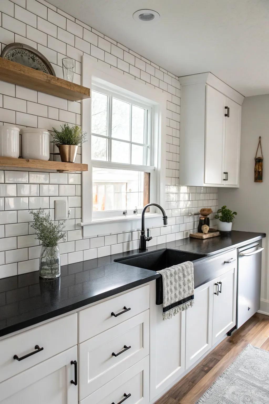 Pale rectangular tiles provide an exquisite contrast to dark countertops.