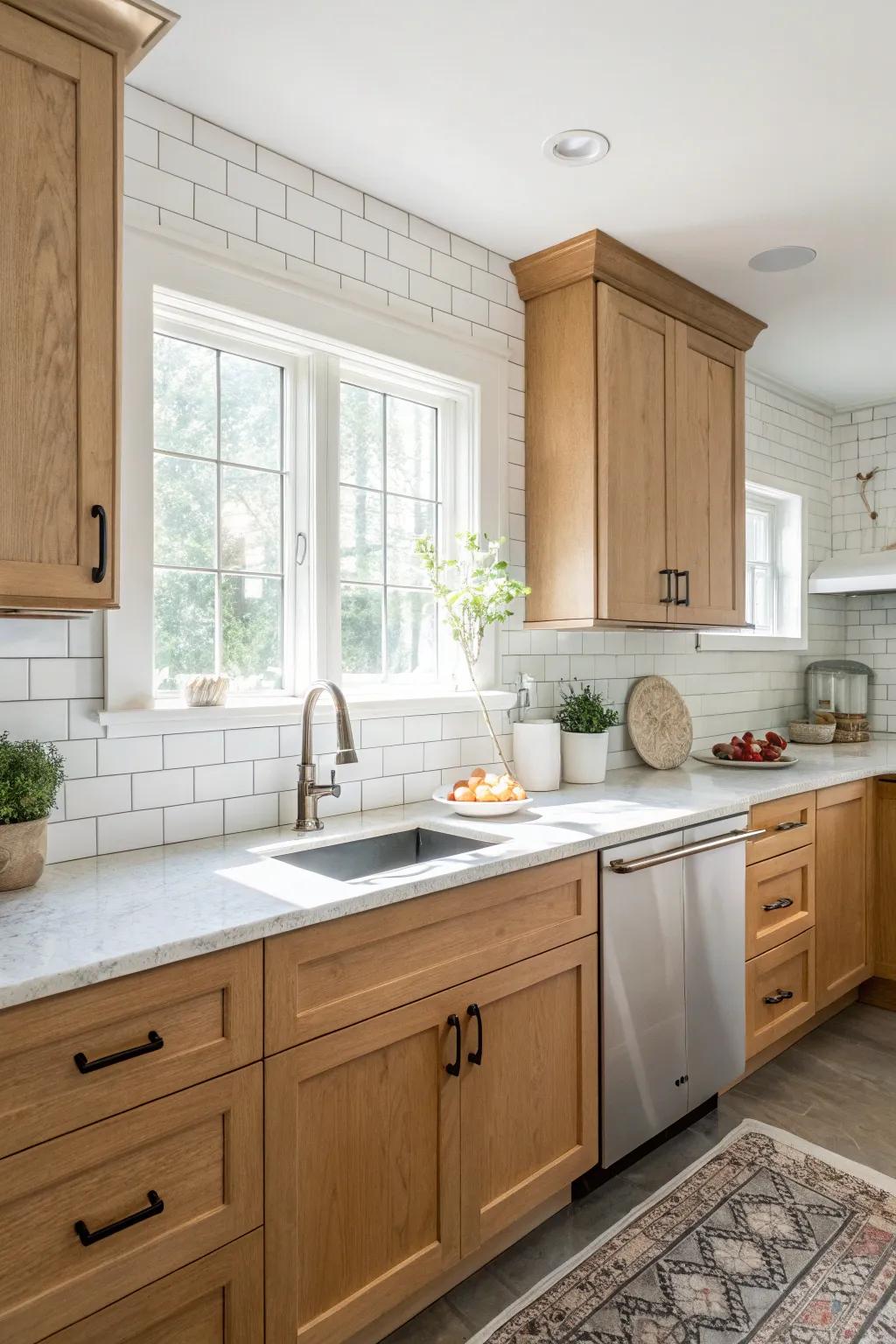 A classic white rectangular tile backsplash enhances the brightness of maple cabinets.