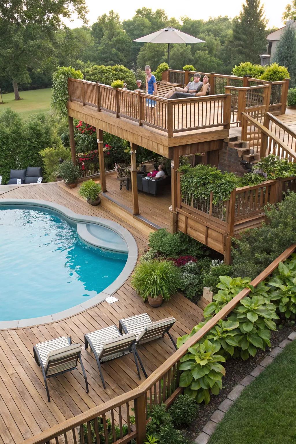Decks with multiple levels offer dedicated spaces for both unwinding and entertaining.
