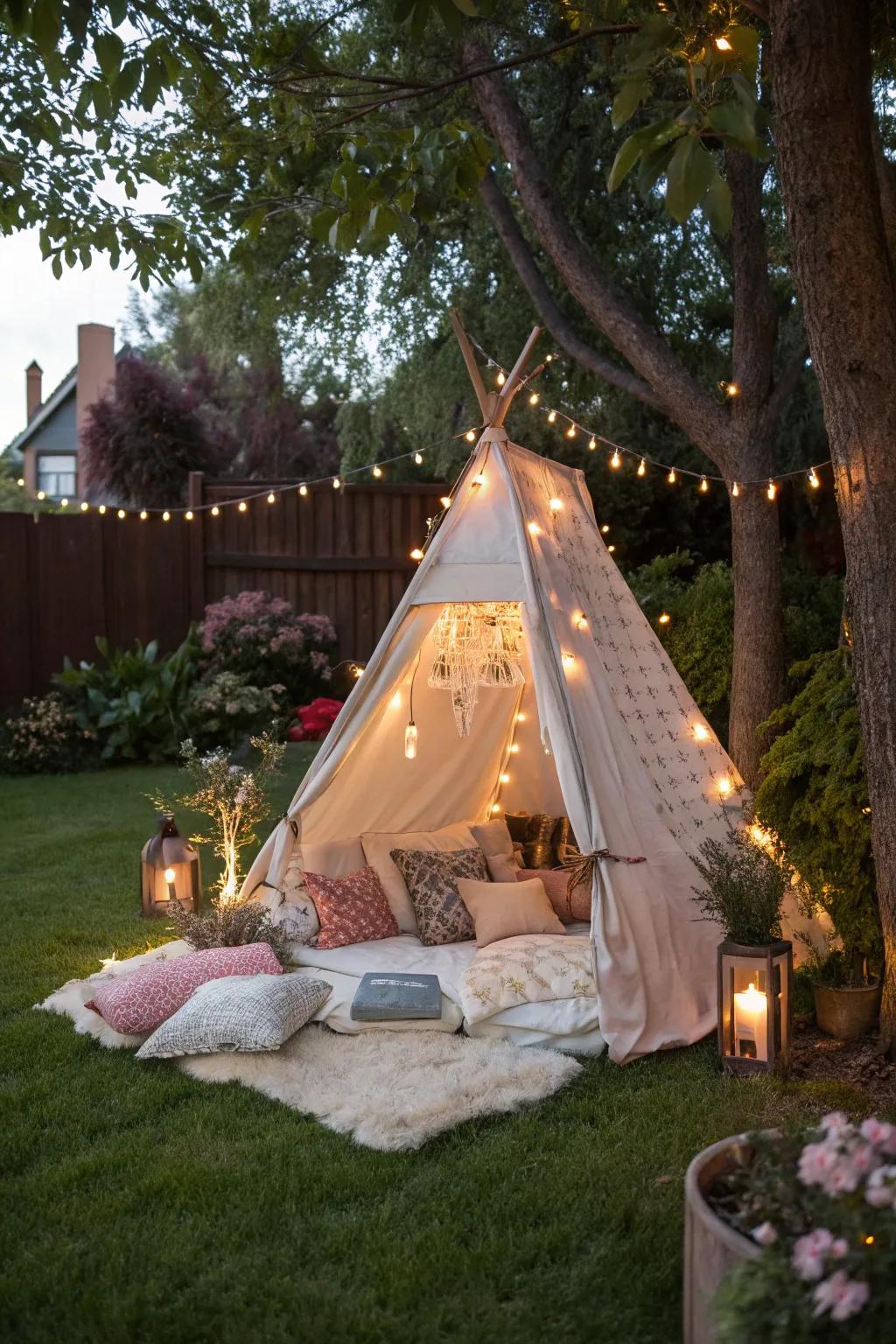 A cozy tent with radiant lights creates a magical camping ambiance.