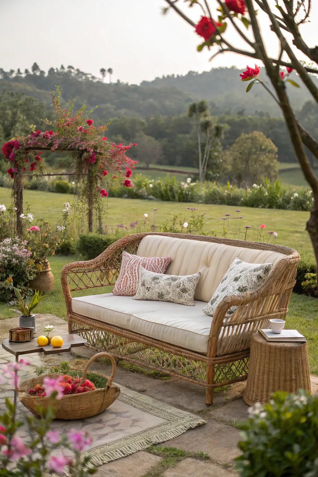 Rattan couches harmonize seamlessly with the garden's environment, creating a cohesive natural aesthetic.