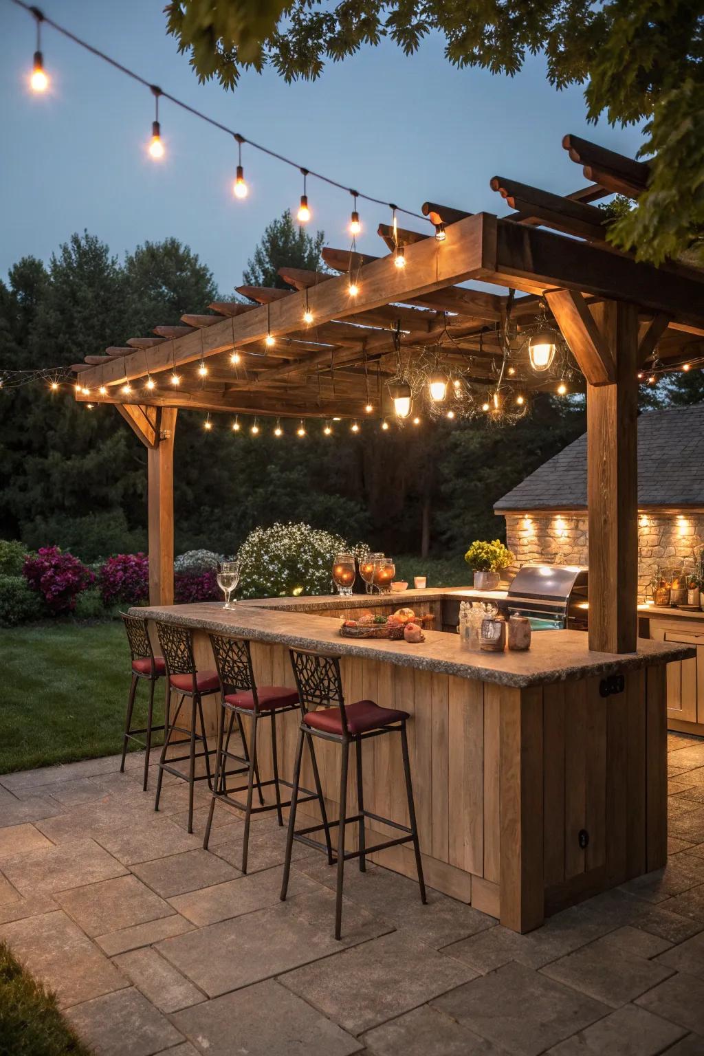 A quaint pergola establishes a mesmerizing ambiance for an outdoor kitchen.
