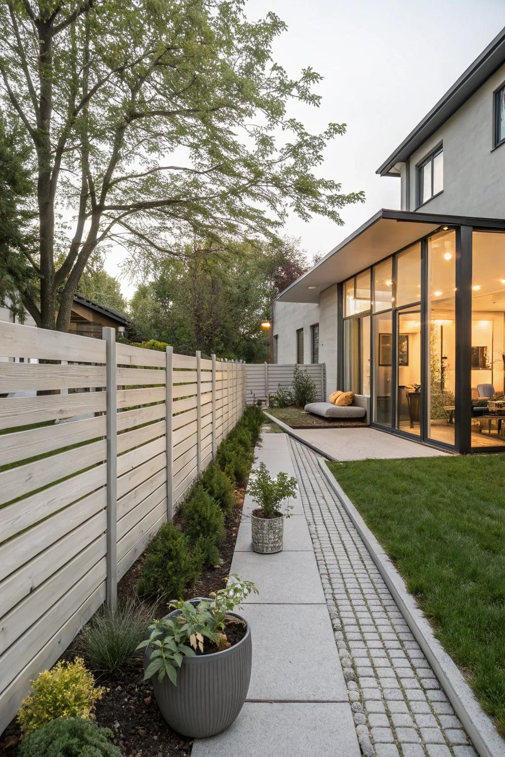 A contemporary fence with horizontal panels crafting a polished appearance.