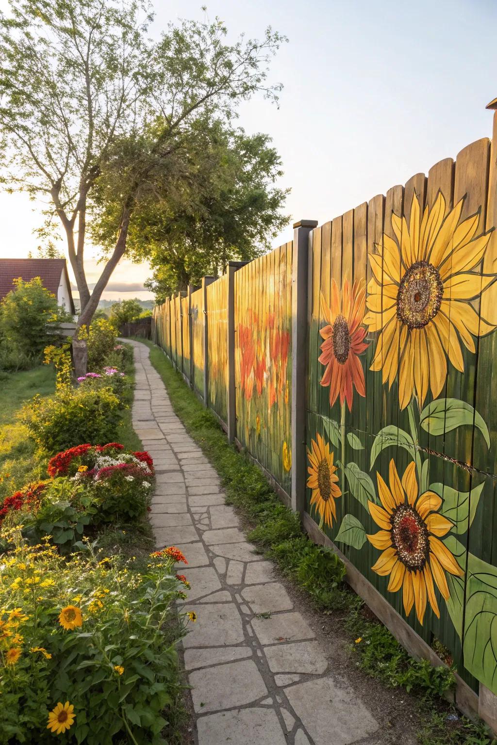 Sunflowers painted on a fence imbue any backyard with a burst of sunlight.