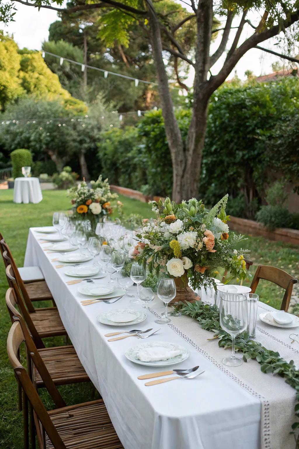 A sophisticated outdoor dining arrangement featuring a floral centerpiece and corresponding glassware.