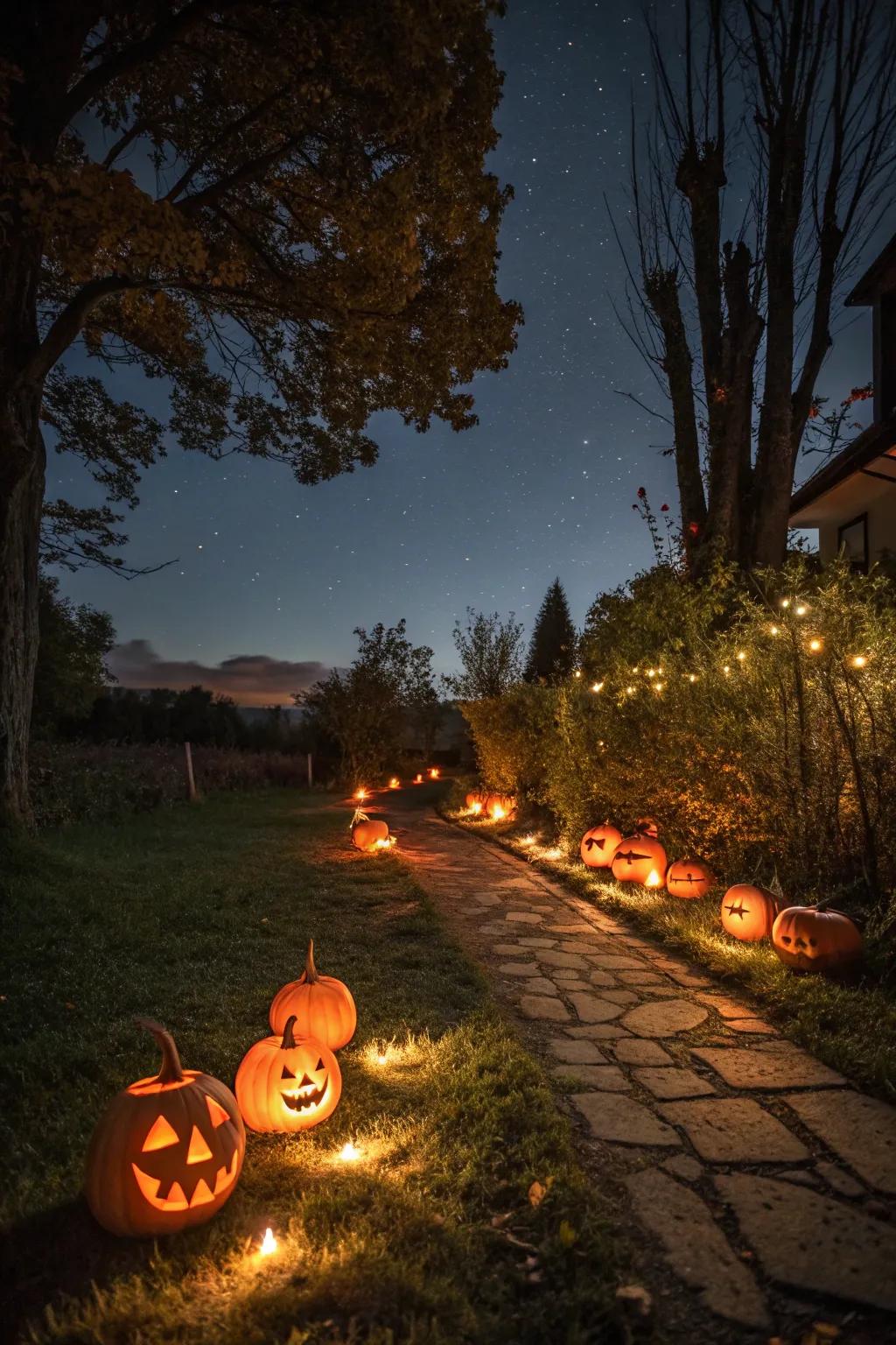 Establish a warm yet spooky welcome with a pathway lit by jack-o'-lanterns.
