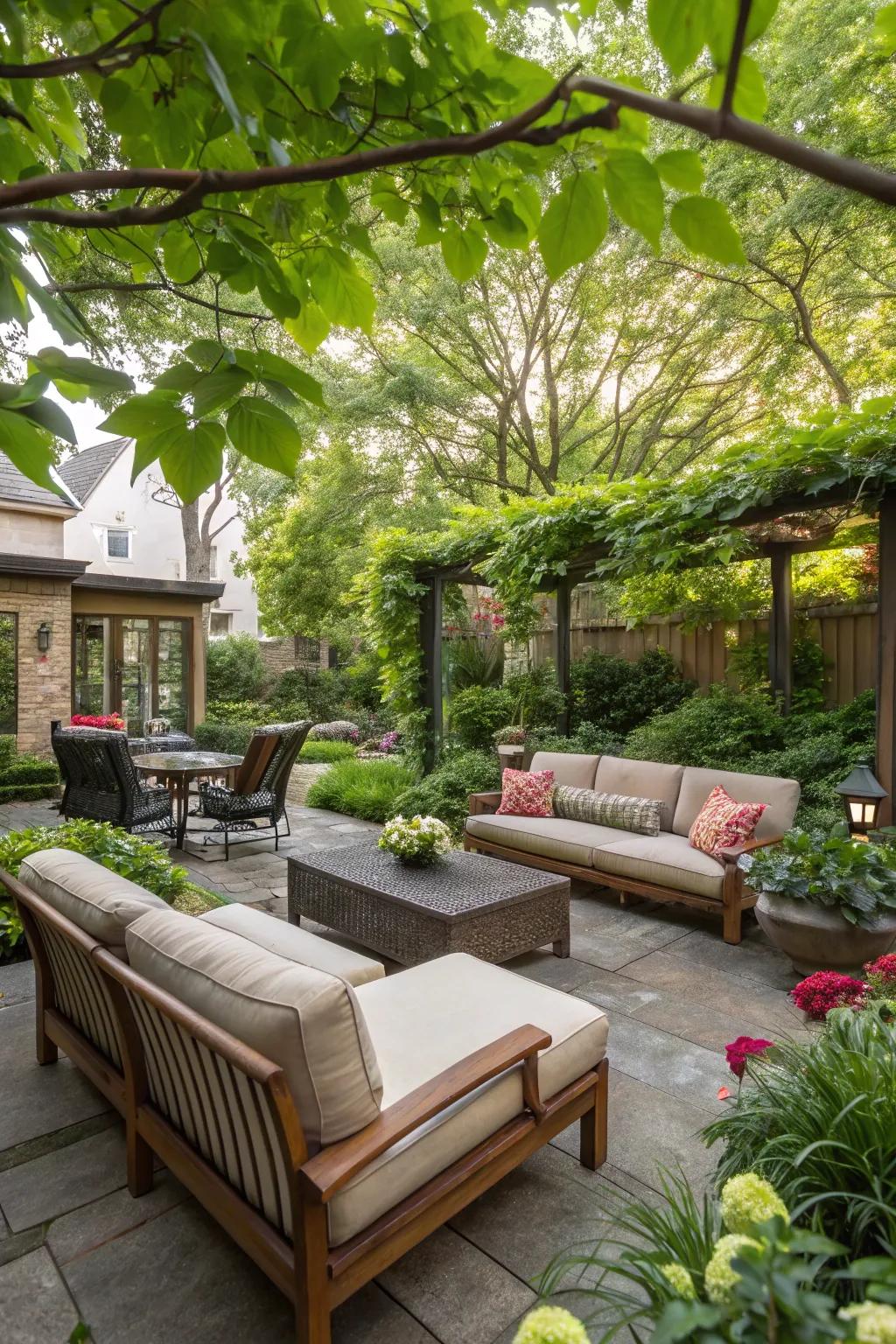 A comfortable outdoor seating area creates a perfect spot for relaxation