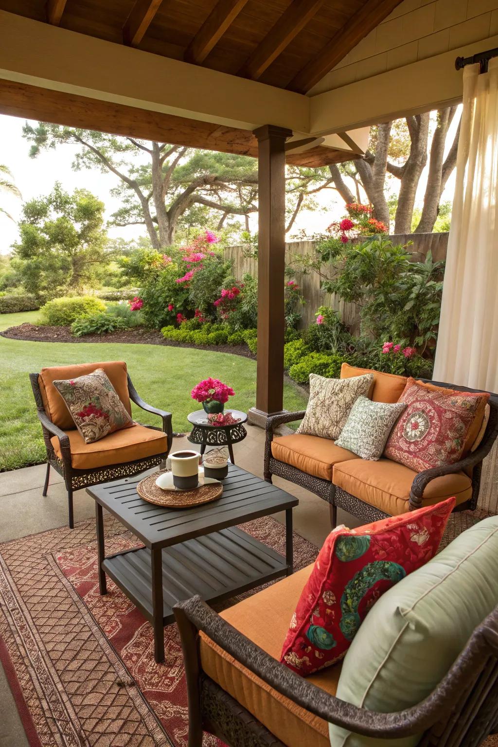 A welcoming corner seating area graces a backyard patio, adorned with lively cushions.