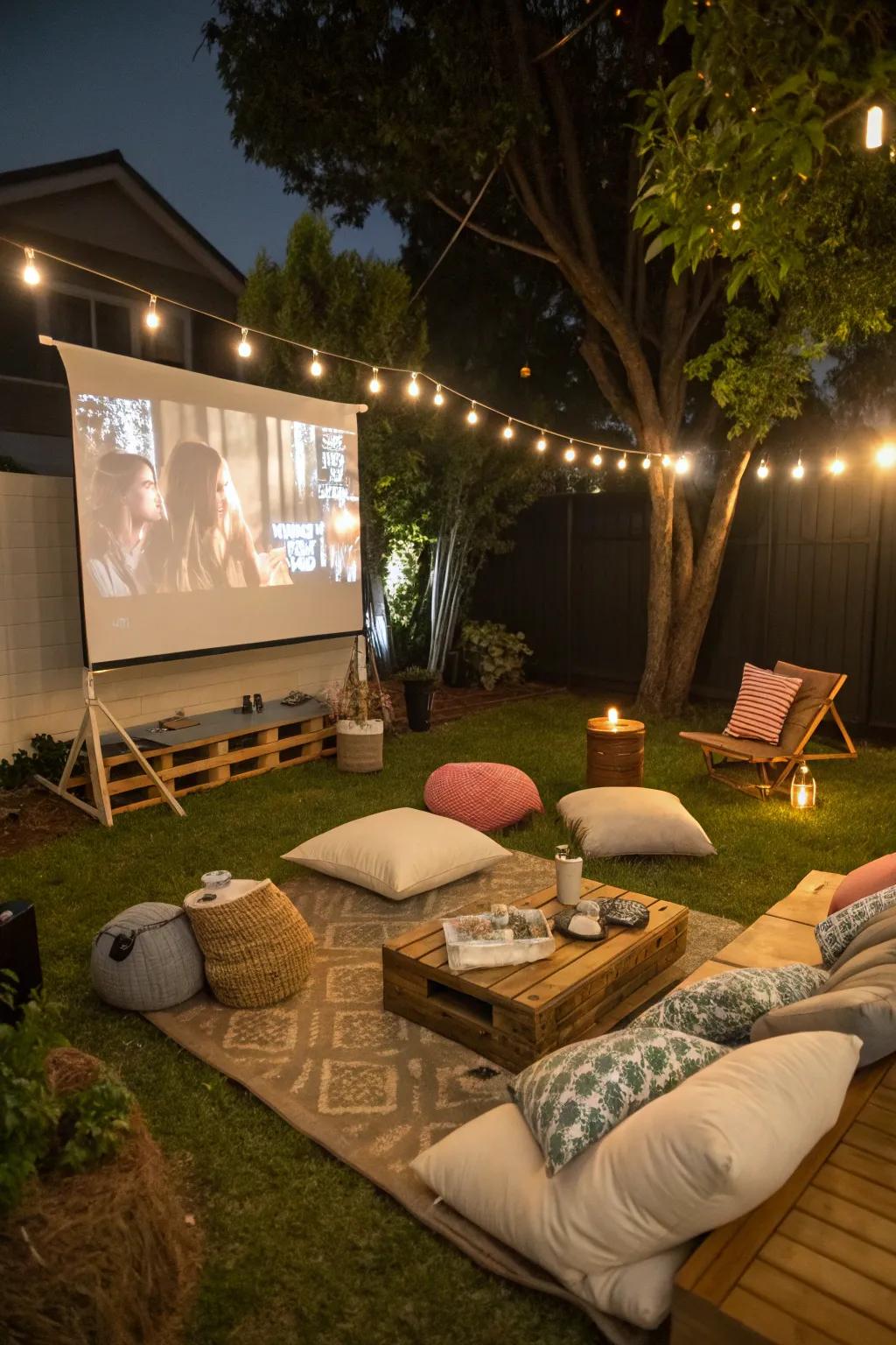 Incorporate a range of seating choices for optimal relaxation during your outdoor film showing.