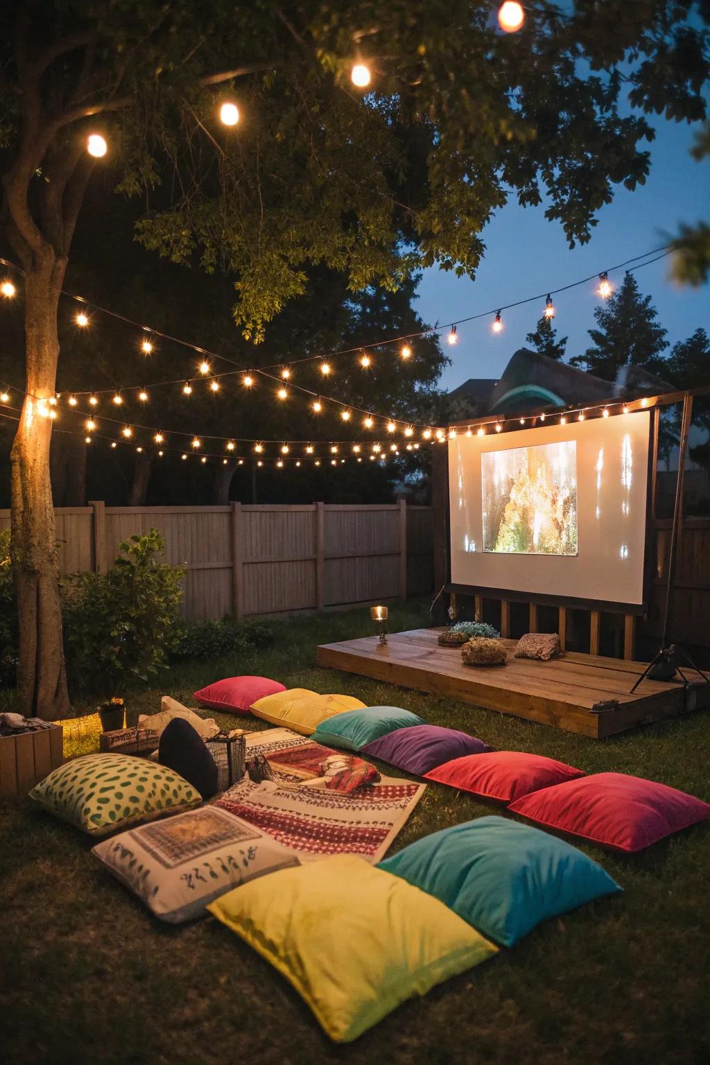 Vibrant floor cushions present a comfortable and relaxed seating alternative for your open-air cinema night.