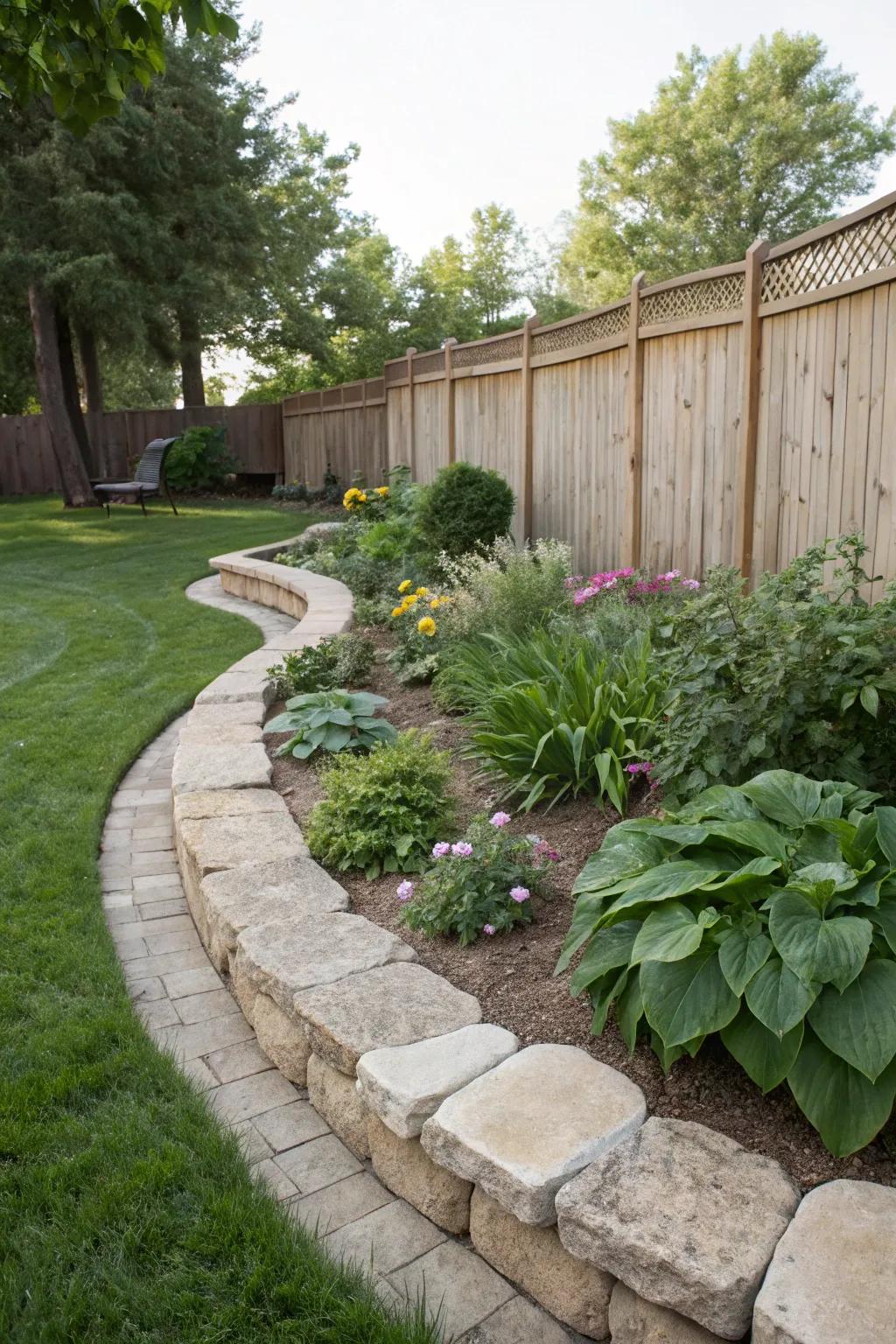Curvy stone edging, a charming embrace for your garden.