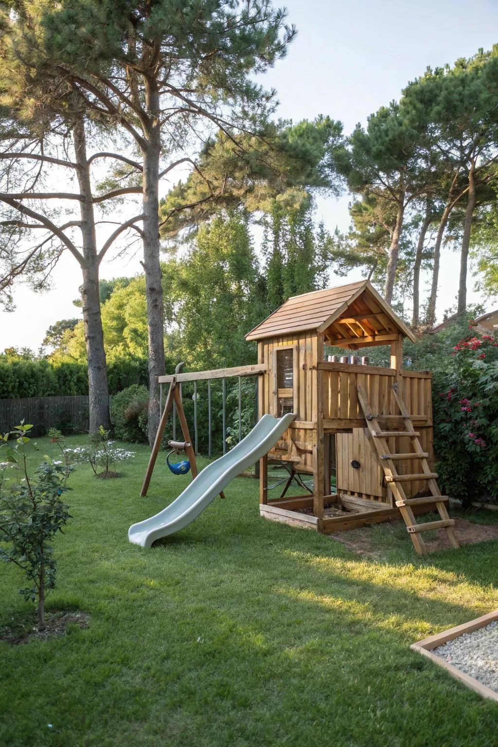 A timber playset featuring a slide designed for limitless enjoyment