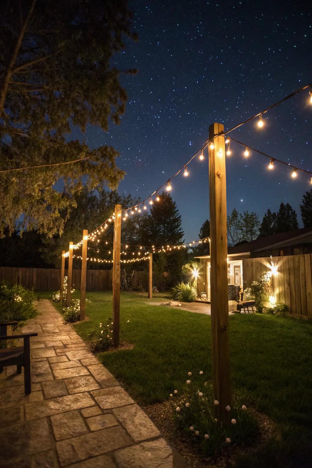 Conjure a delightful atmosphere using posts adorned with garland lights in your garden.