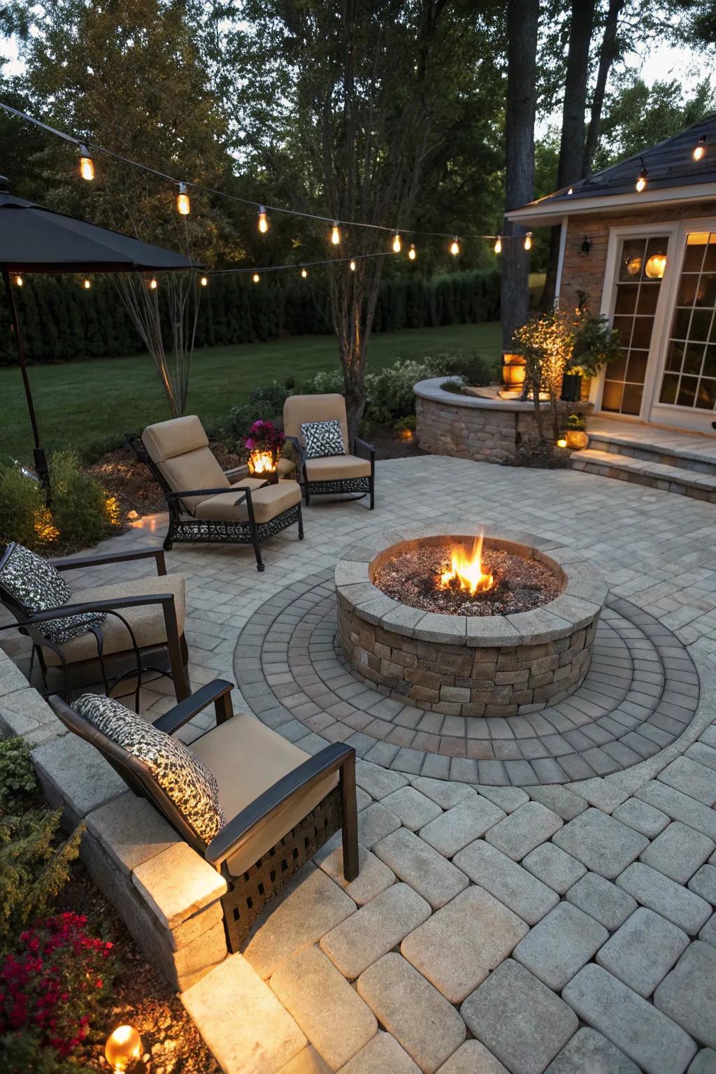 A cozy fire pit corner provides an ideal ambiance for outdoor social events.