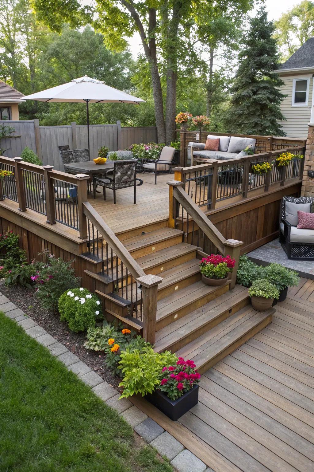 A multi-tiered deck introduces scale and uniqueness to any modest backyard setup.