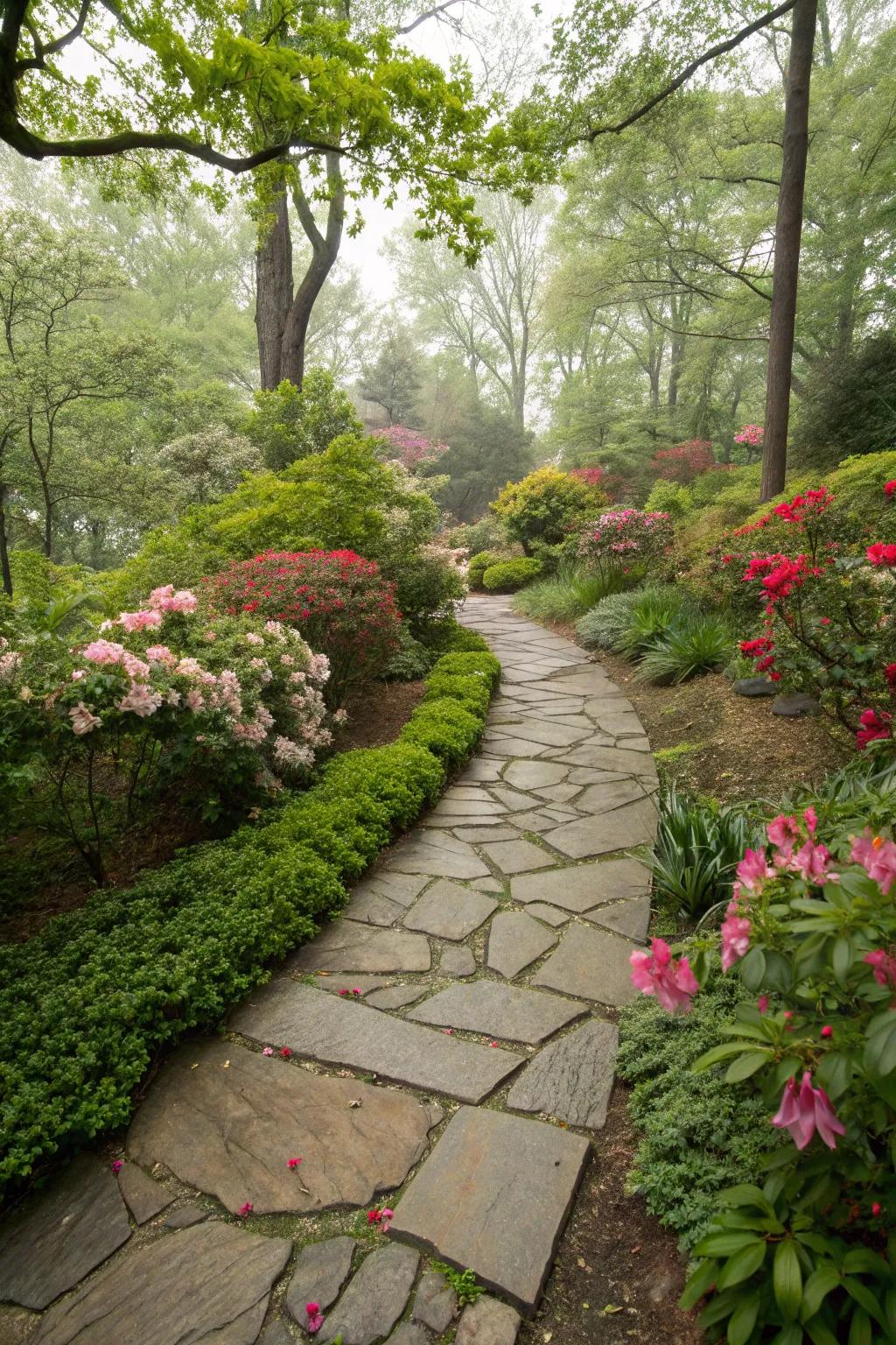 A stone walkway elegantly winding through a lush green garden.