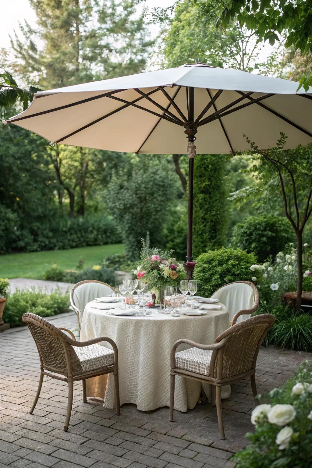 An elegant outdoor dining setup sheltered by a patio parasol.