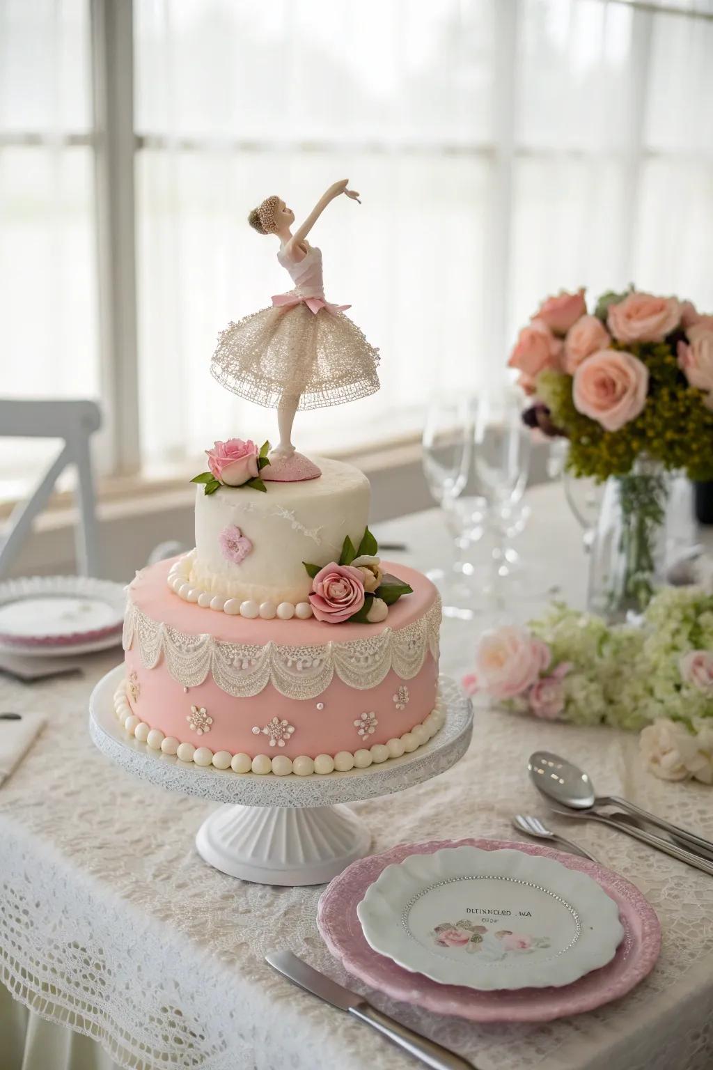 A cake adorned with a graceful ballerina statuette, ideal for dance enthusiasts.