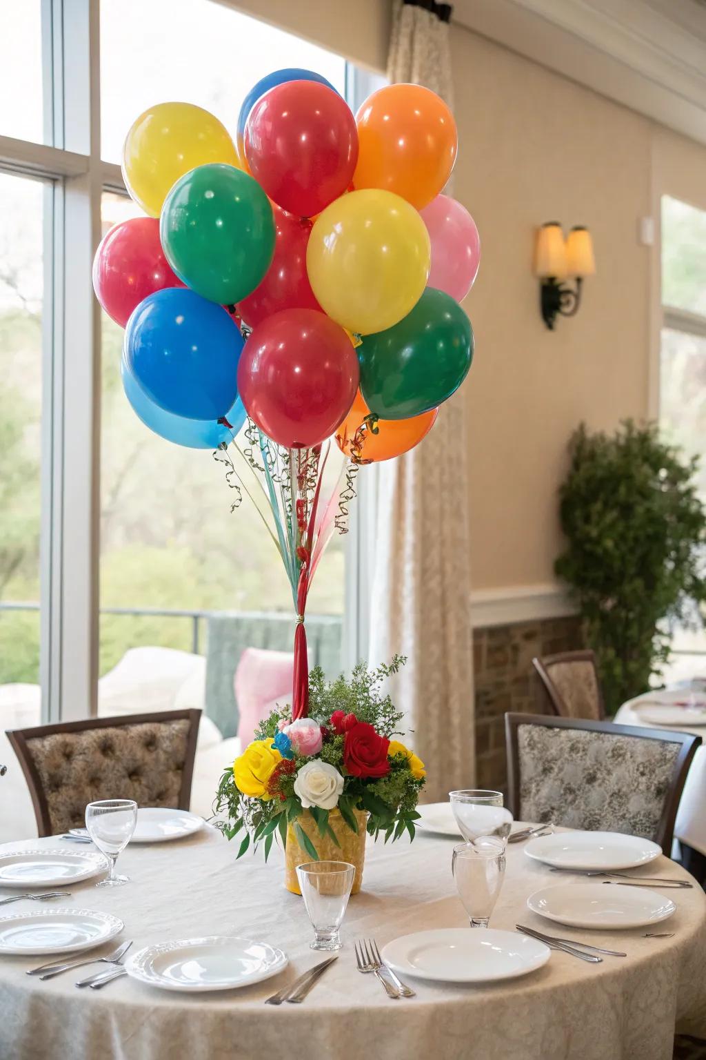 A radiant balloon bouquet centerpiece infuses vibrancy into a dining space.
