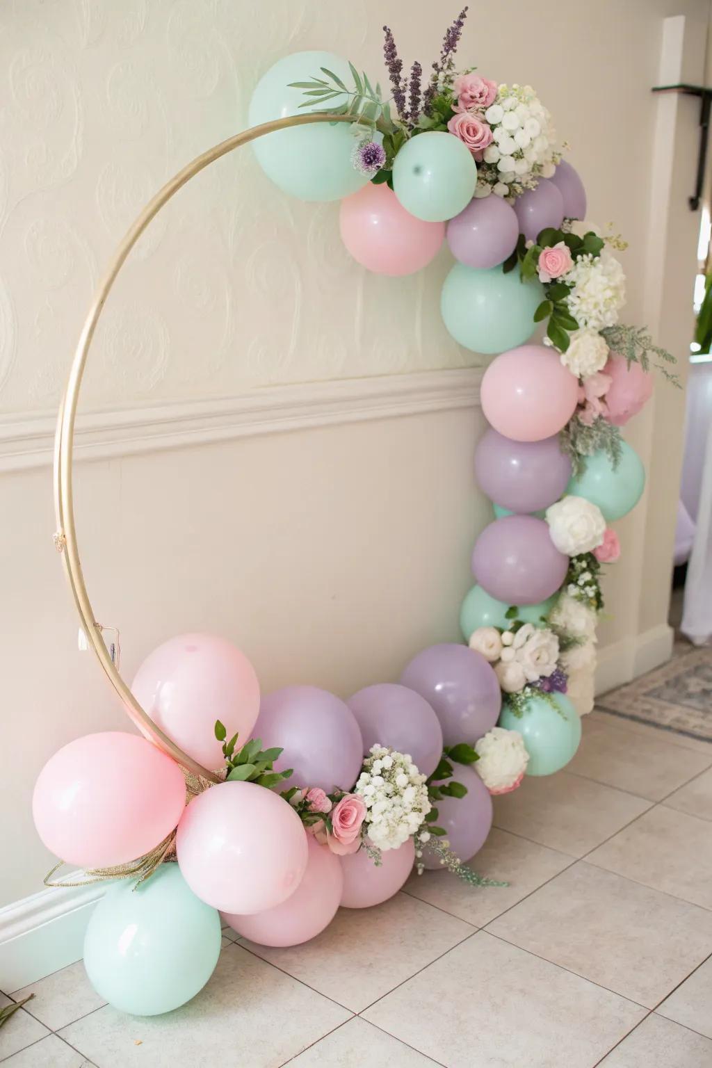 A pastel balloon hoop introduces a subtle charm to any setting.