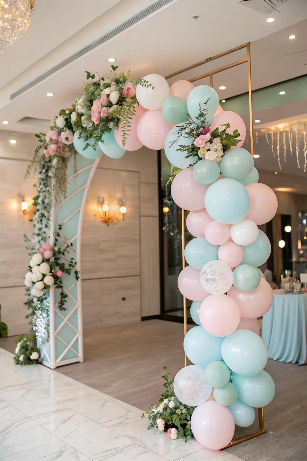 A graceful balloon arch perfect for welcoming guests to a baby shower.