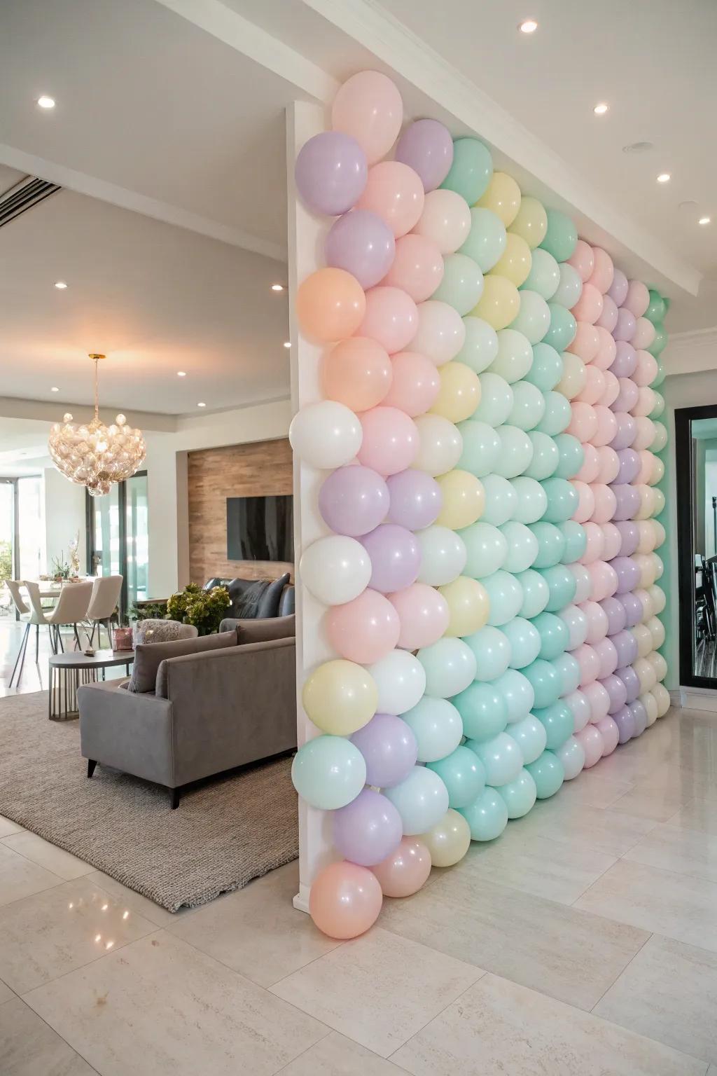 A pastel balloon display designed for a chic, at-home event