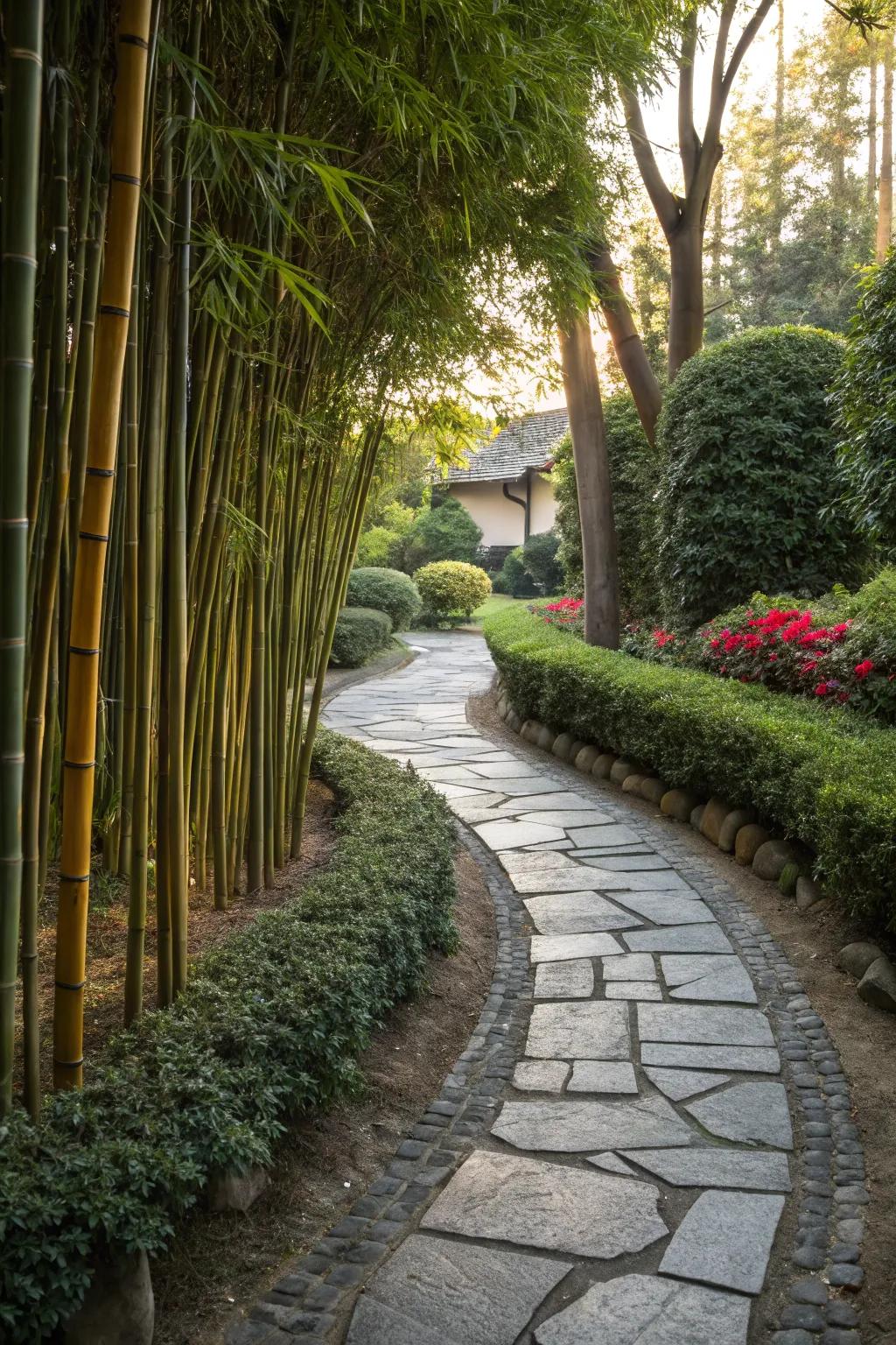 A peaceful bamboo-lined pathway ideal for serene strolls.
