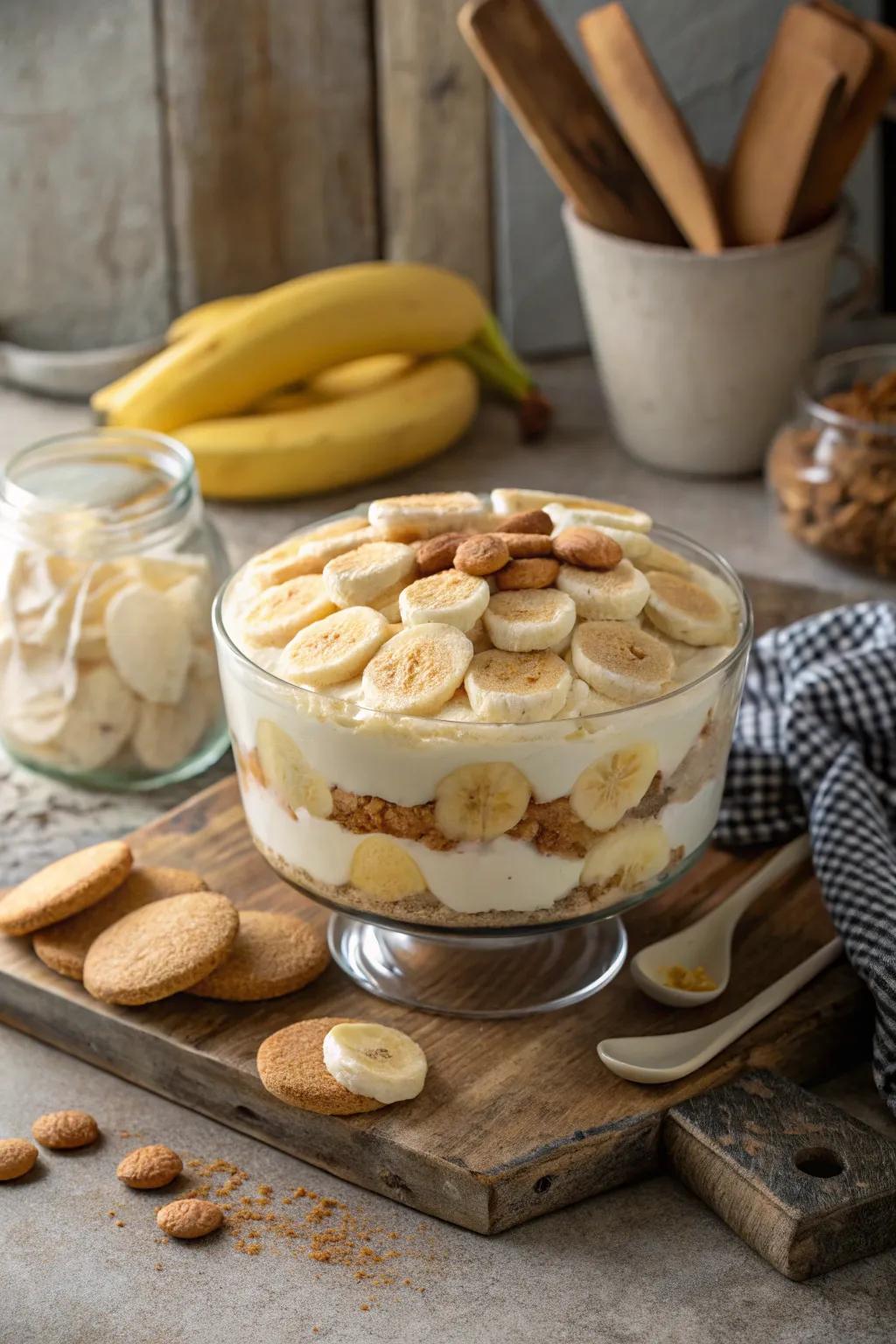 Layered banana pudding in a glass bowl, a splendid centerpiece for any festive gathering.