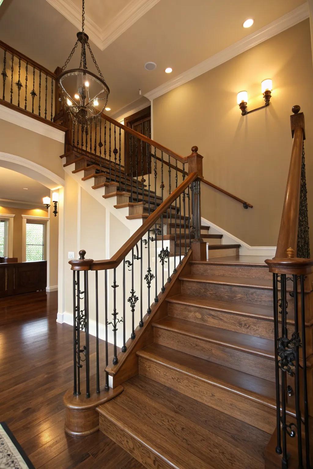 An elegant combination of wood and metal in a stair rail.