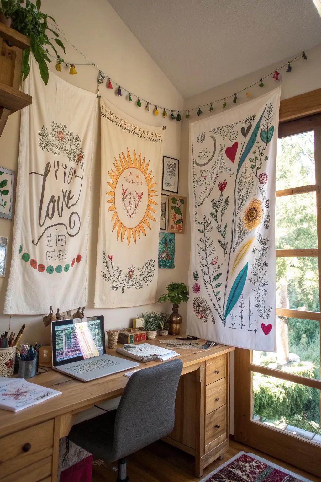 Hand-drawn banners infuse a personal touch into your decorating scheme.