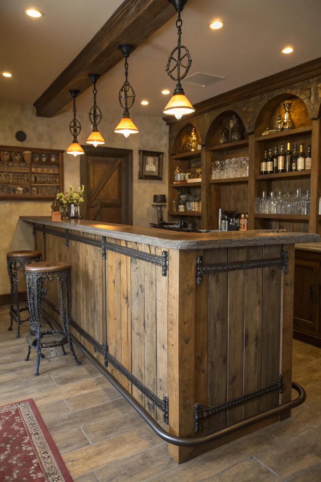 An earthy foot rest mixing timber and iron for a welcoming bar setting.