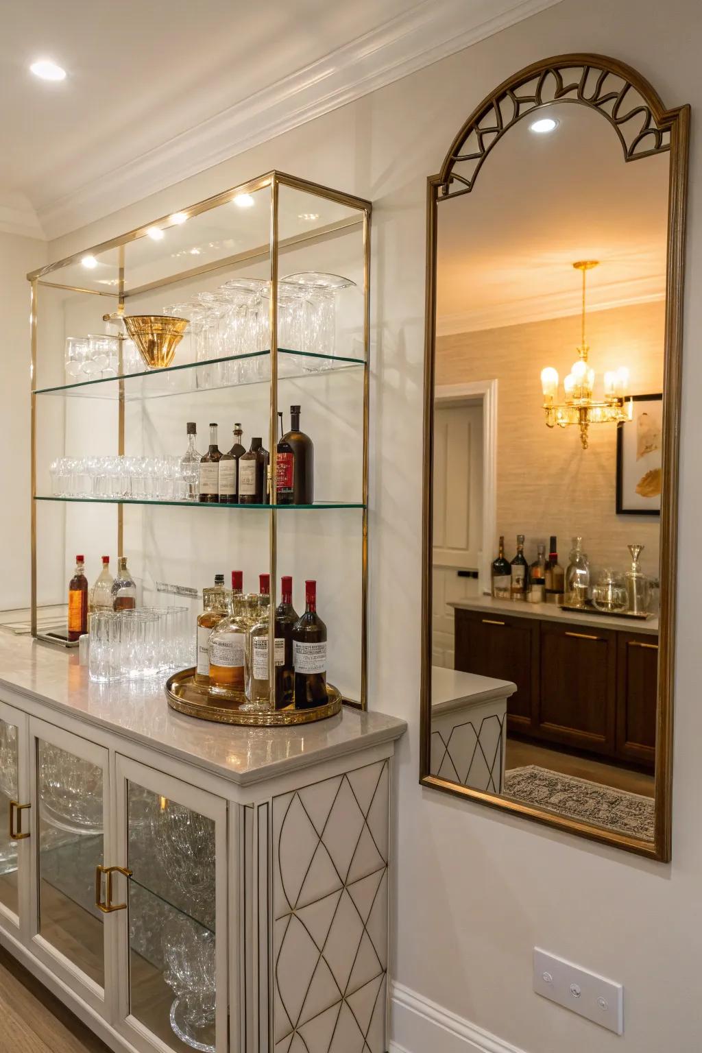 Glass shelves against a mirrored backdrop achieve a polished and sophisticated home bar.