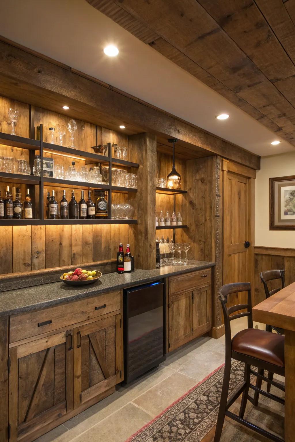 Any home bar gains warmth and charm from rustic wooden panels.