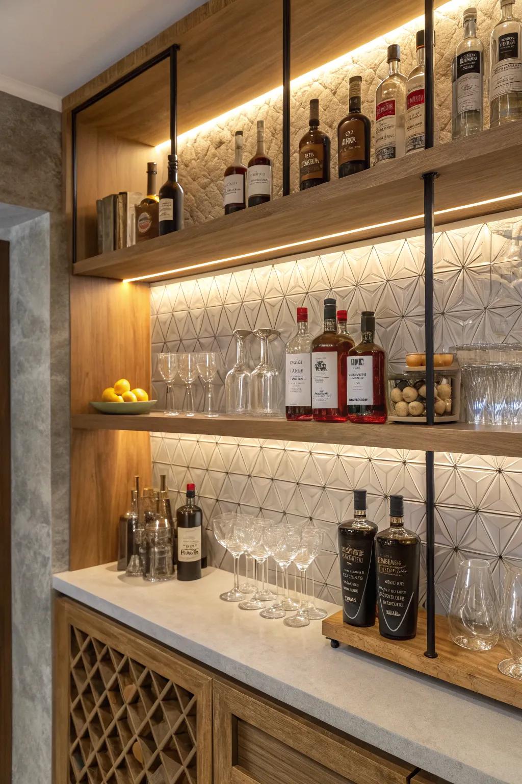 Accessible shelving provides style and ease of use to your bar.