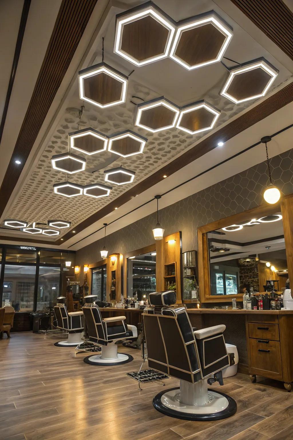 A modern barbershop enhanced by impressive angular ceiling luminaires.