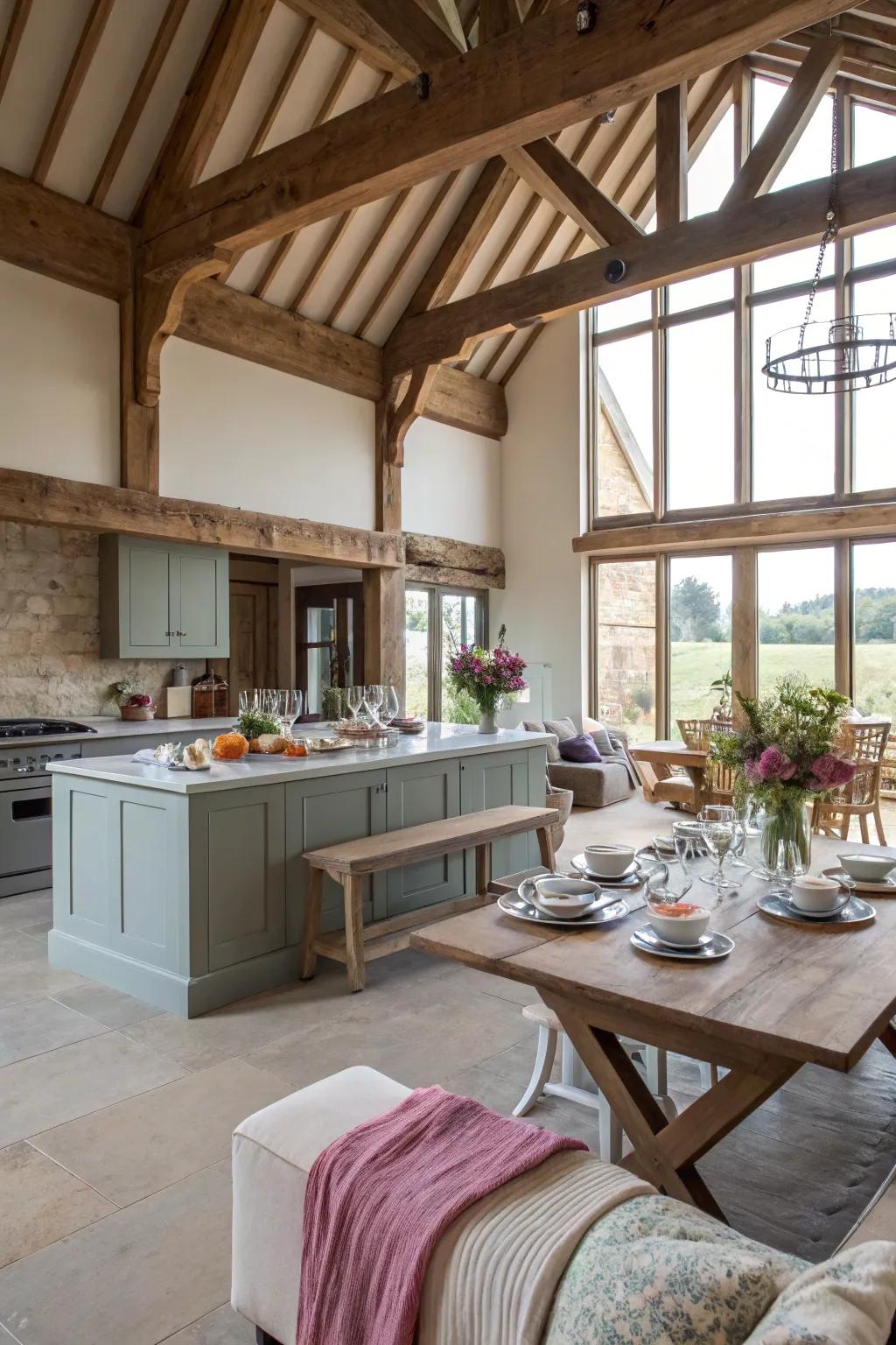 Open-plan living enhances space and light in barn conversions.