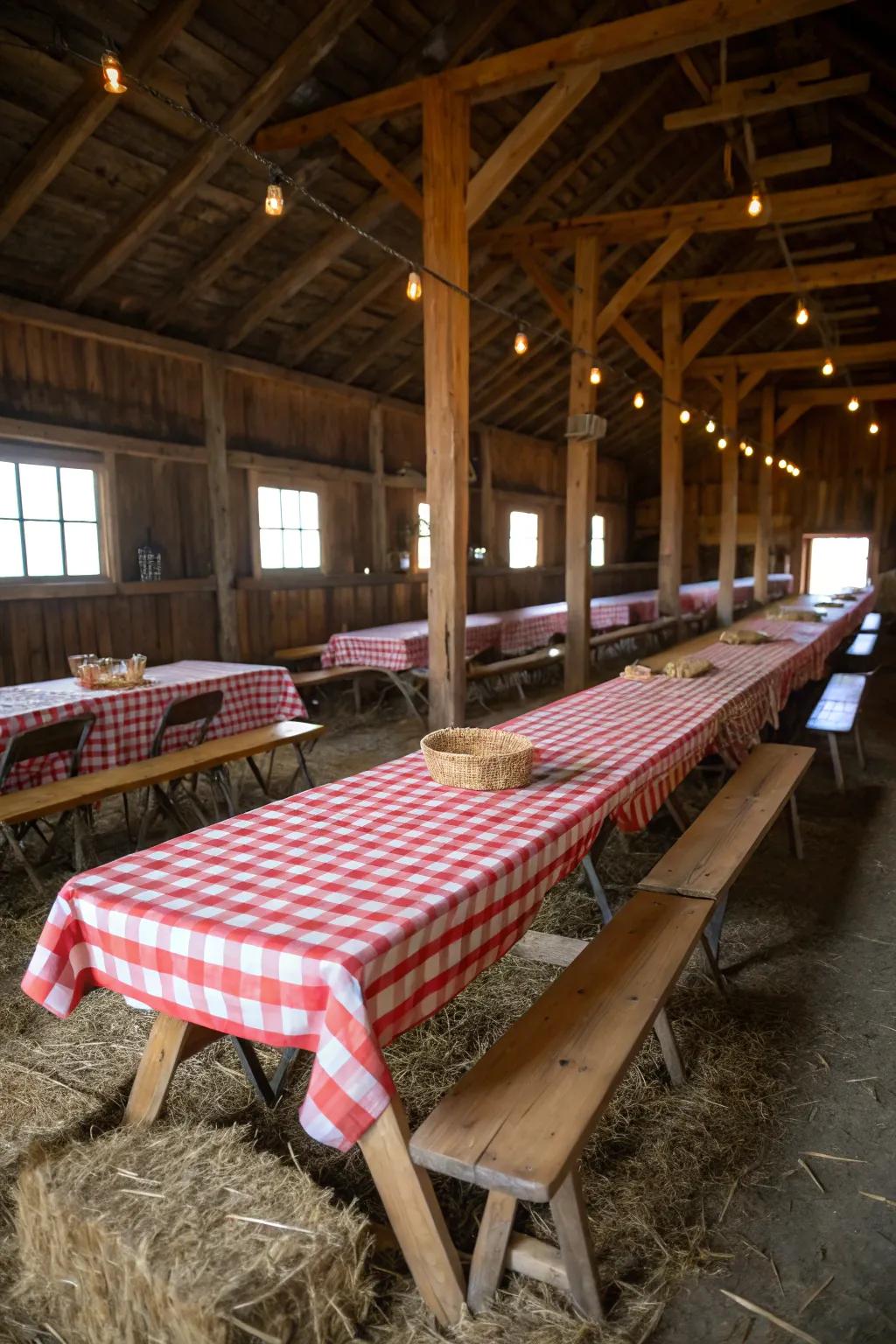 Checkered tablecloths lend a country-style allure to any barn setting.
