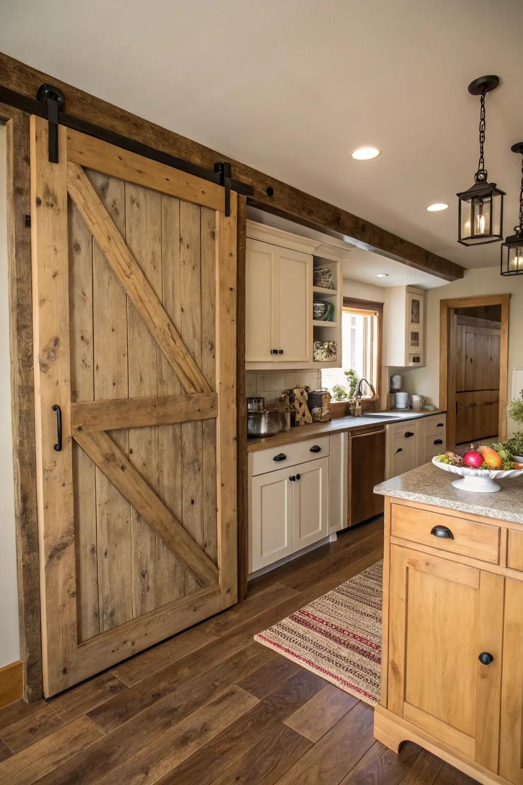 A countryside culinary space showcasing a sliding barn door crafted from undeveloped wood, serving as a pantry partition.