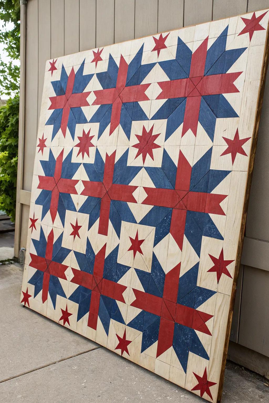 Classic star quilt design showcased on timber.