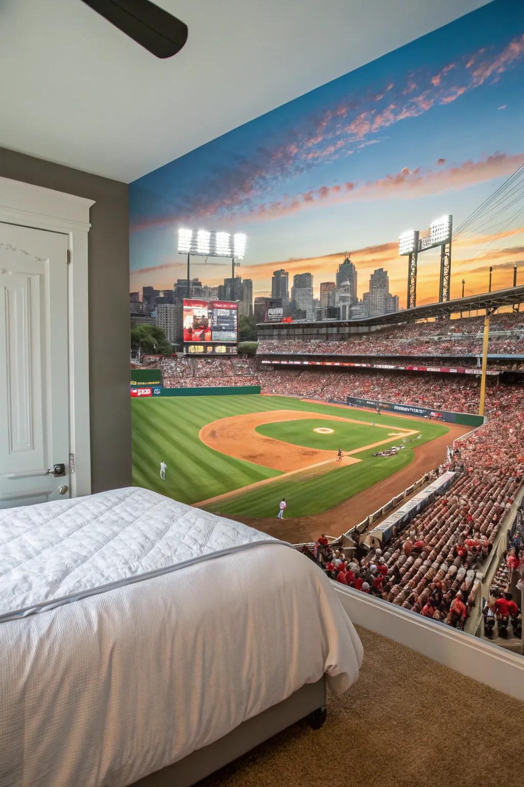A baseball stadium mural crafts an engaging point of interest in any space.