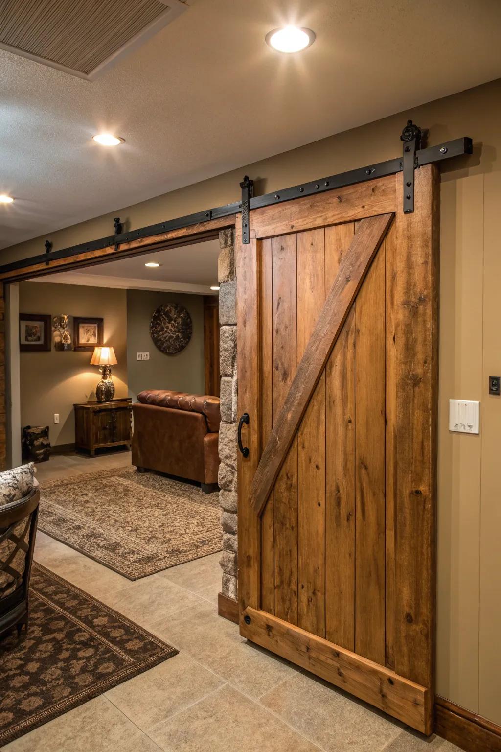 A charming sliding barn door introduces character while optimizing space in the basement.