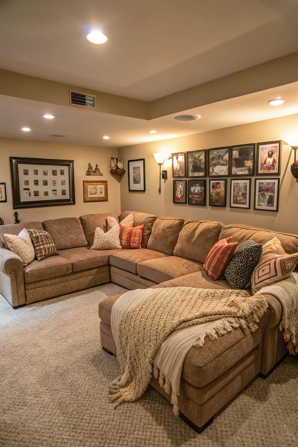 A sectional sofa is central to this welcoming basement family room.