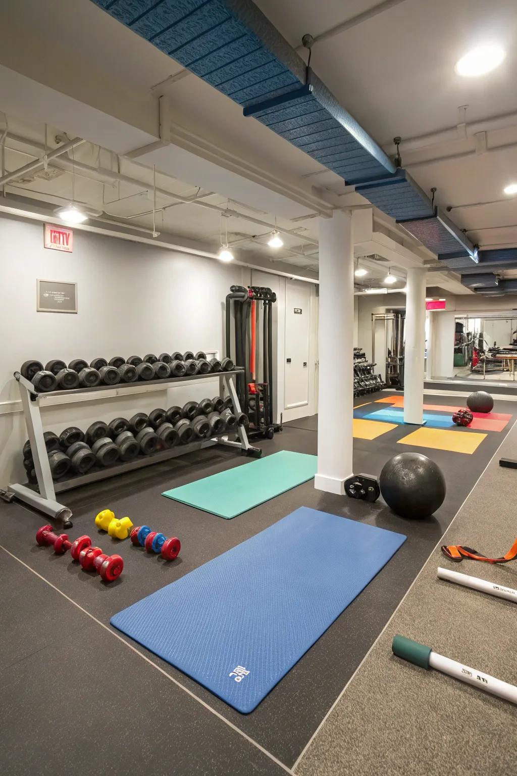 Demarcate specific areas for diverse exercise activities within your basement fitness area.