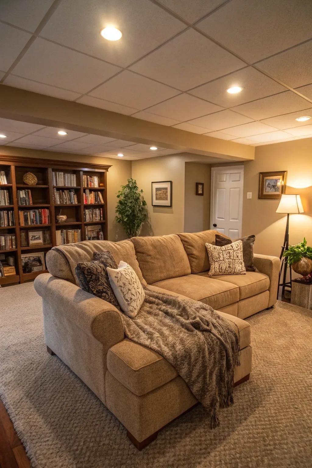 An inviting basement relaxation space featuring a modular sofa and ambient lighting.