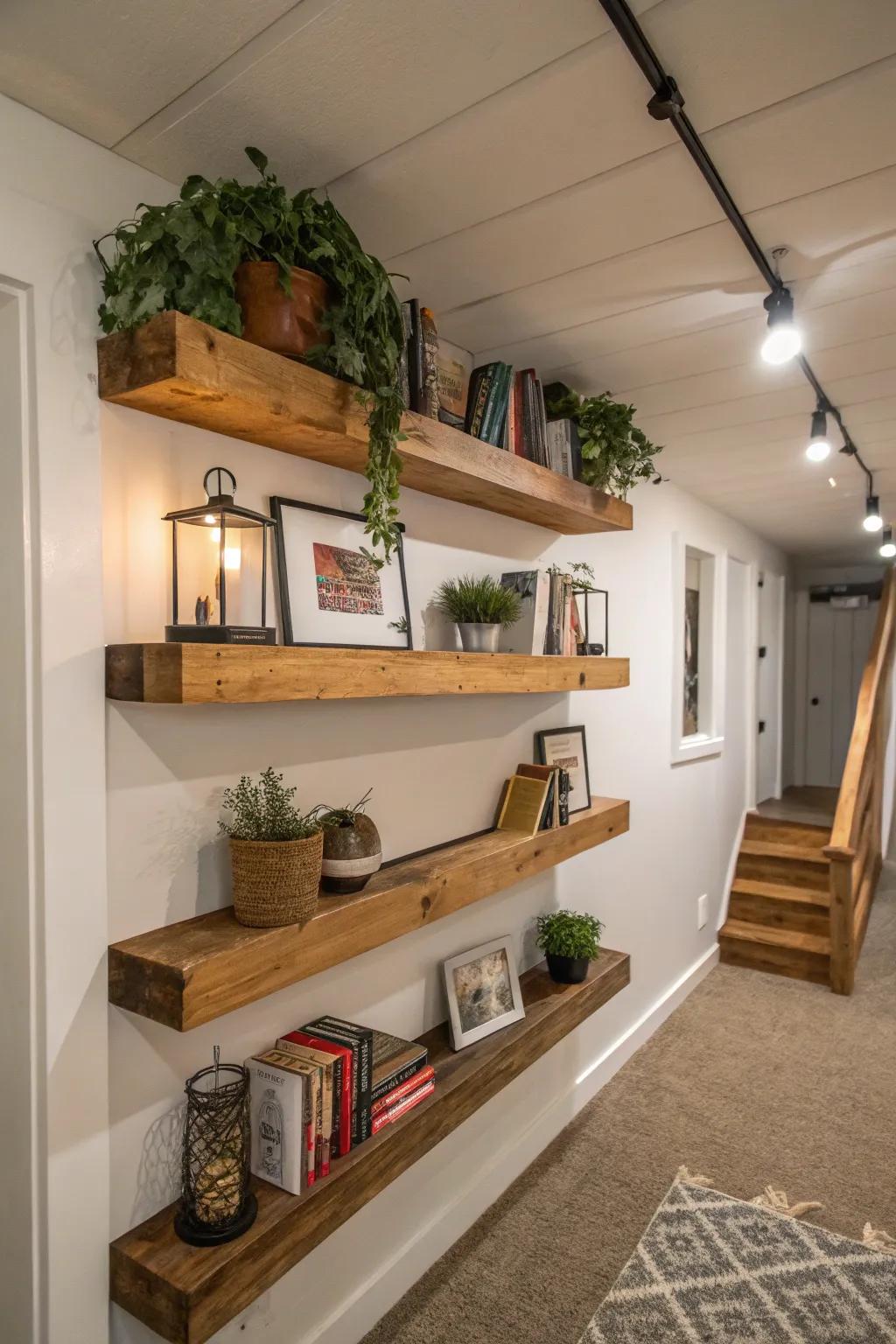 Floating shelves provide a contemporary touch while maintaining the orderly arrangement of your belongings.