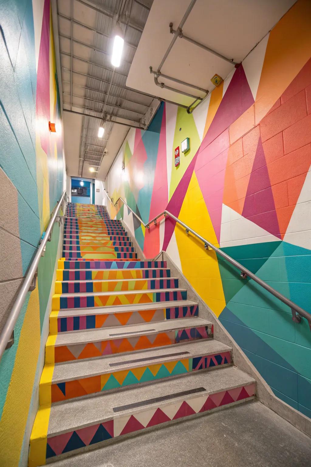 Bright, painted steps bring a vibrant, joyful feel to the lower level.
