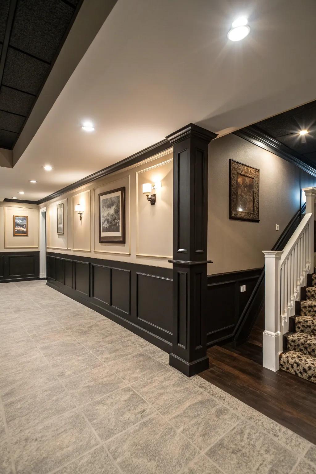 Dark baseboards against light walls create a striking look.