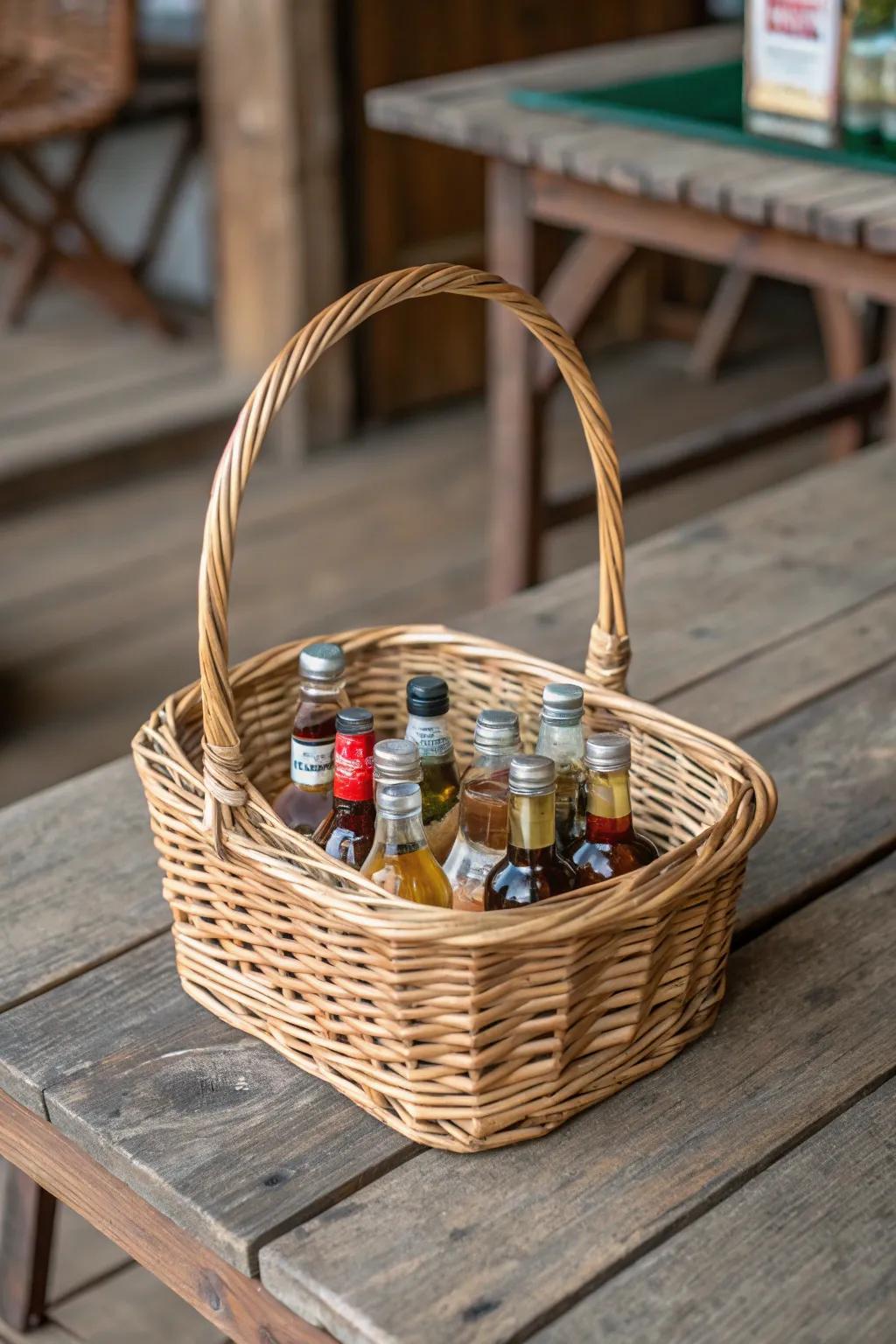 A fetching woven hamper showcasing a panoply of scaled-down spirit vessels.